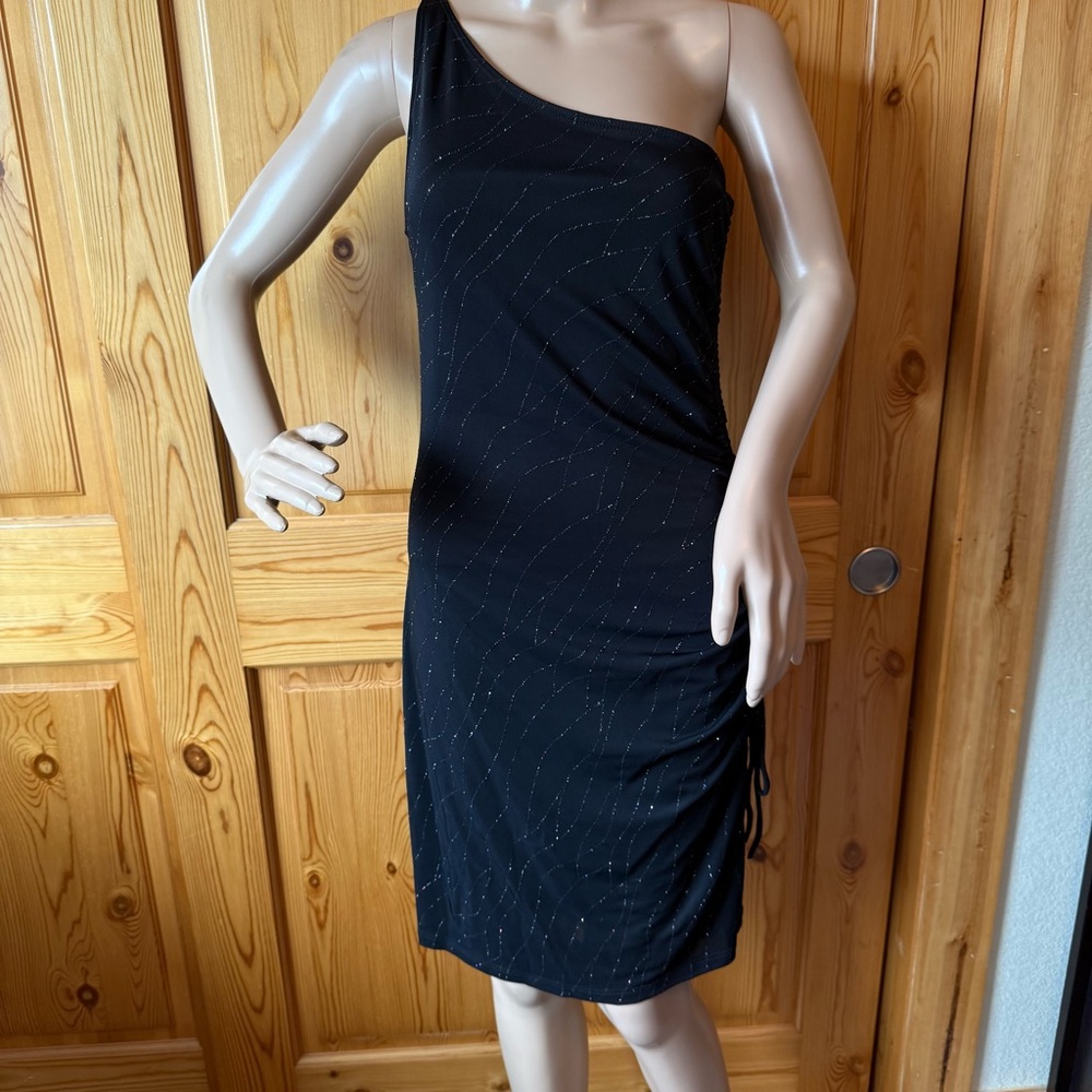 Vintage 90s Y2K Dress Size L Hoco Formal Glitter Black Ruched Runs Small
